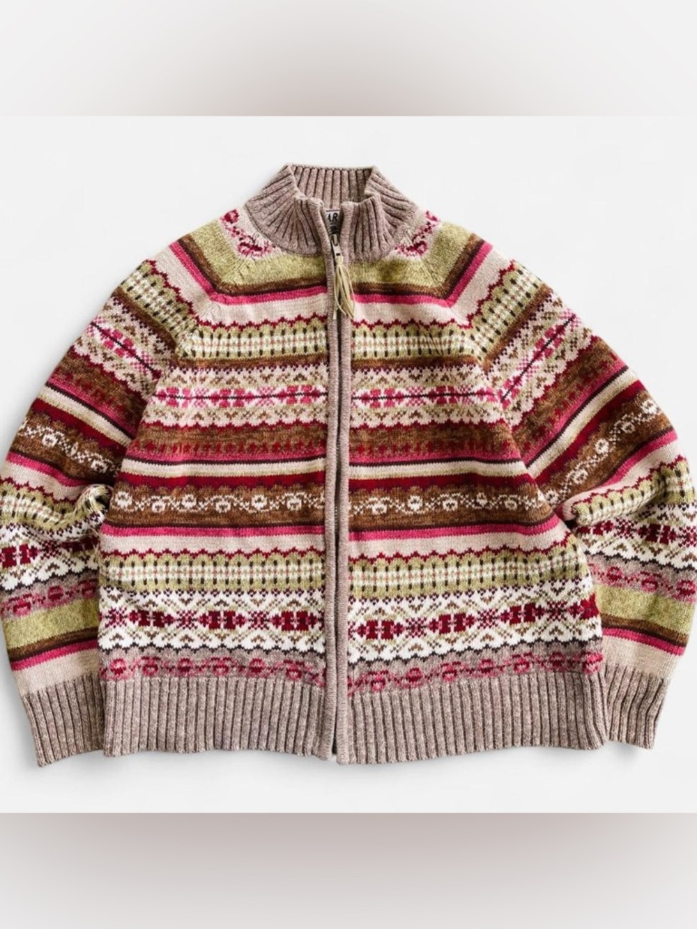 Vintage Tiara Fair Isle Knit Zip Cardigan Cozy Nordic Pattern Sweater Tan Pink L